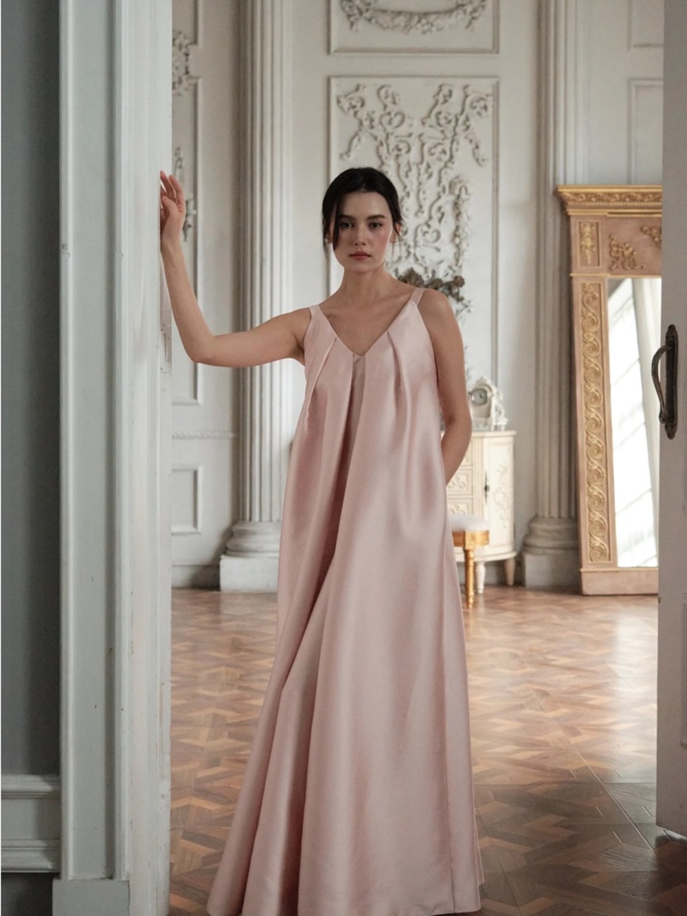 NWT Maison Amory Reign Maxi Dress - Elegant Flowing Formal Gown in Soft Pink